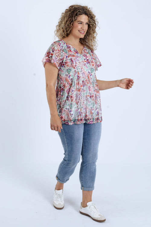 Tunika aus plissierter Spitze mit Blumenmuster-Paprika-8