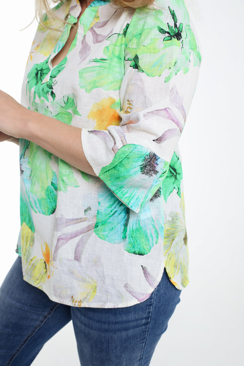 Bluse aus bedrucktem Leinen mit Blumenmuster-Paprika-5