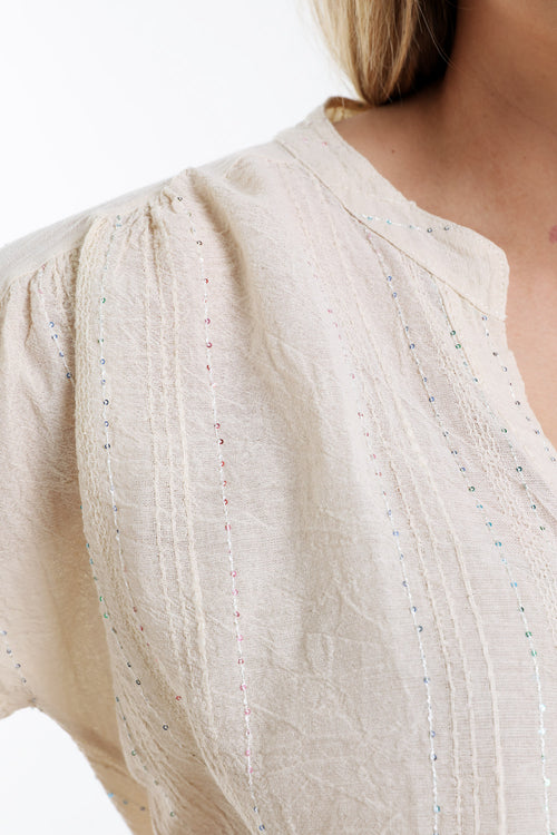 Einfarbige Baumwollbluse mit Paillettenstreifen-Paprika-4