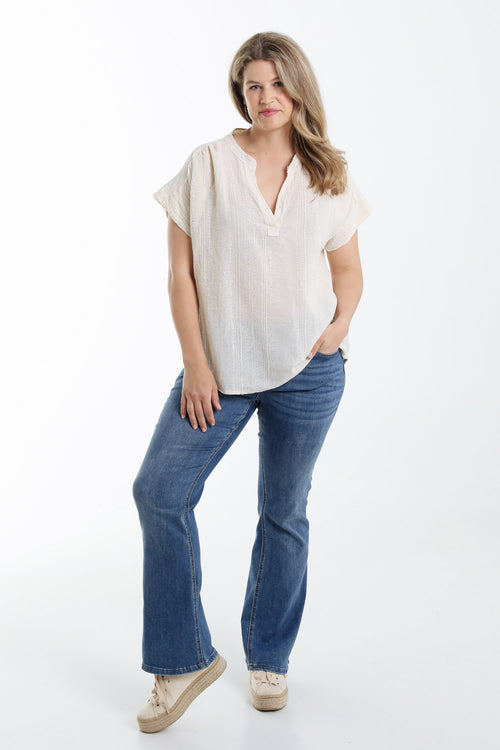 Einfarbige Baumwollbluse mit Paillettenstreifen-Paprika-7