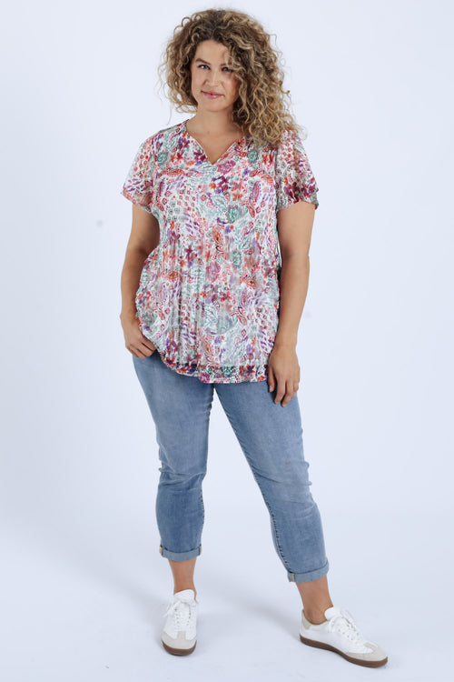 Tunika aus plissierter Spitze mit Blumenmuster-Paprika-7