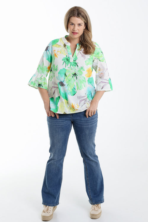 Bluse aus bedrucktem Leinen mit Blumenmuster-Paprika-7