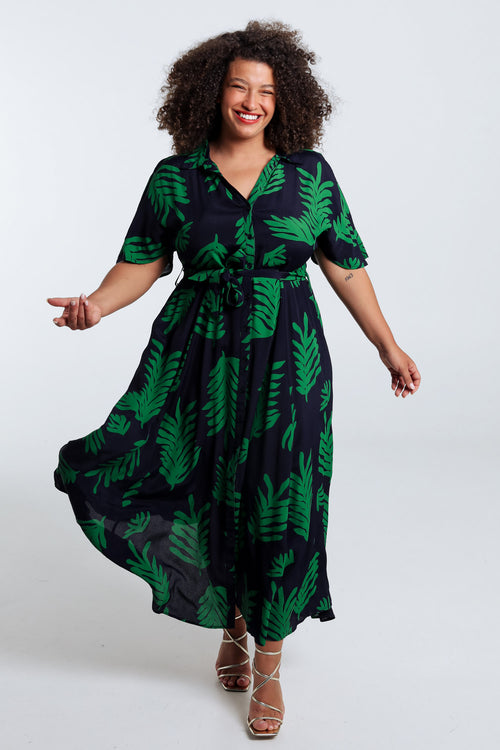 Lange Kleid aus Viskose mit Blätterdruck-Paprika-8