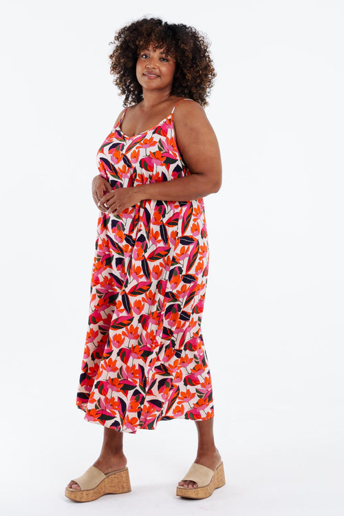 Langes Kleid aus Viskose mit dünnen Trägern und Blumenmuster-Paprika-7