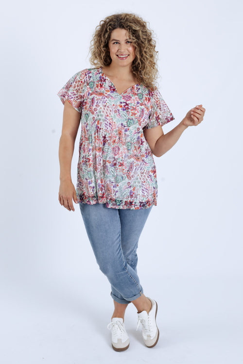 Tunika aus plissierter Spitze mit Blumenmuster-Paprika-9