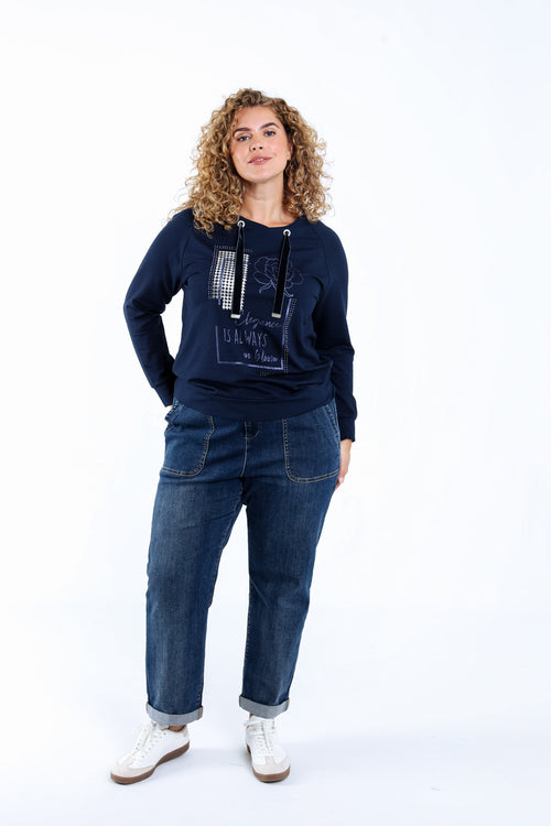 Sweat en molleton uni avec imprimé et strass-Paprika-7