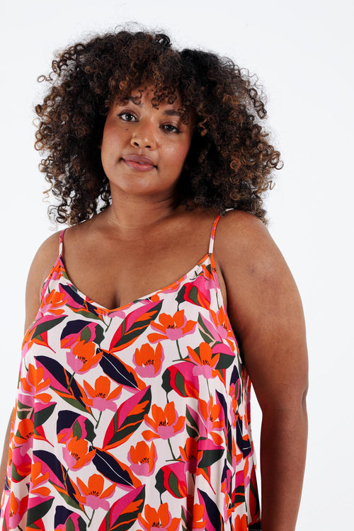 Langes Kleid aus Viskose mit dünnen Trägern und Blumenmuster-Paprika-4