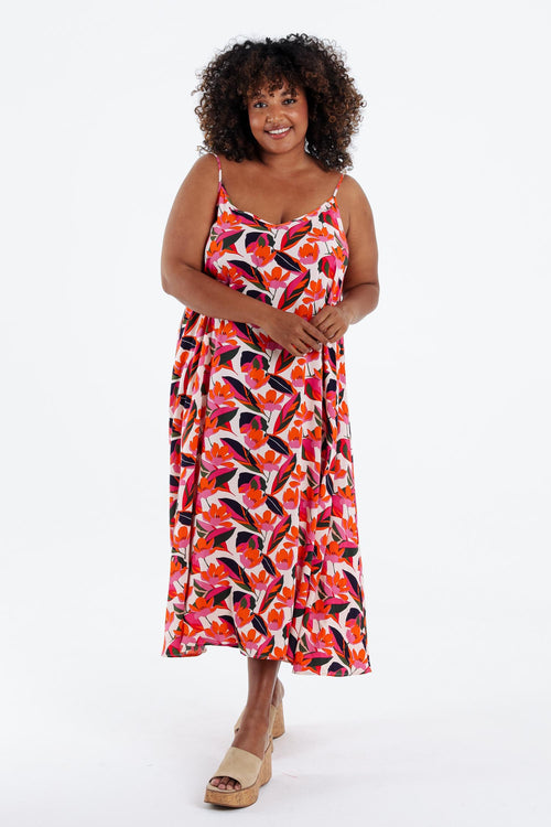 Langes Kleid aus Viskose mit dünnen Trägern und Blumenmuster-Paprika-9