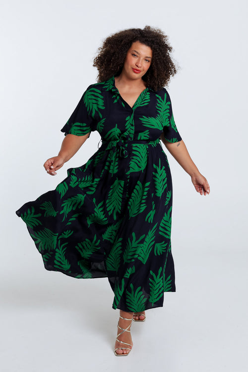 Lange Kleid aus Viskose mit Blätterdruck-Paprika-7