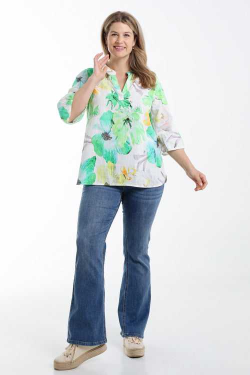 Bluse aus bedrucktem Leinen mit Blumenmuster-Paprika-8