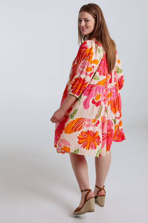 Kurzes Kleid aus bedruckter Viskose mit Blumenmuster-Paprika-8