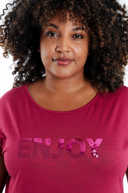 Uni Baumwoll-T-Shirt „Enjoy“ mit Pailletten-Paprika-3