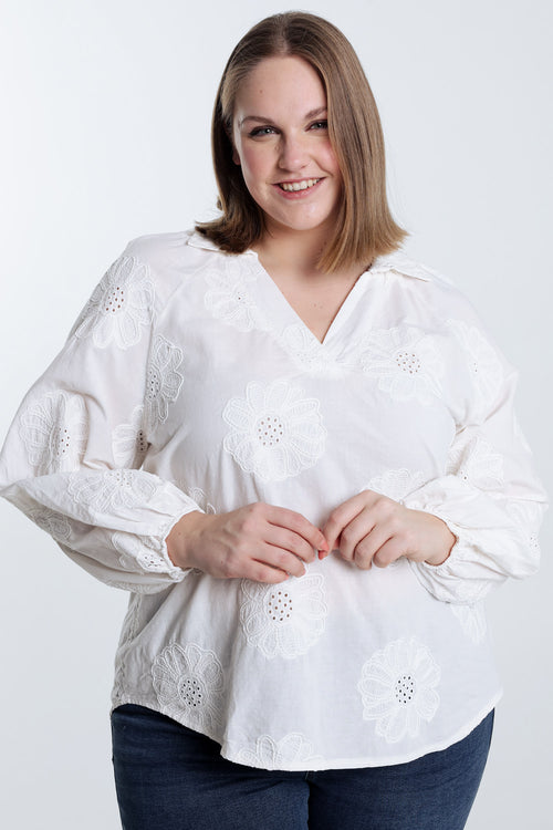Bluse aus einfarbiger Baumwolle mit Stickereiblumen-Paprika-1