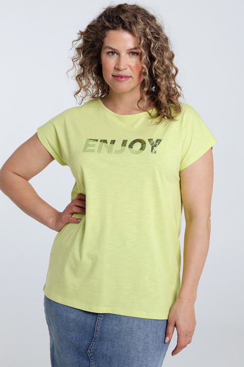 Einfarbiges T-Shirt mit Enjoy-Stickerei und Pailletten-Paprika-2