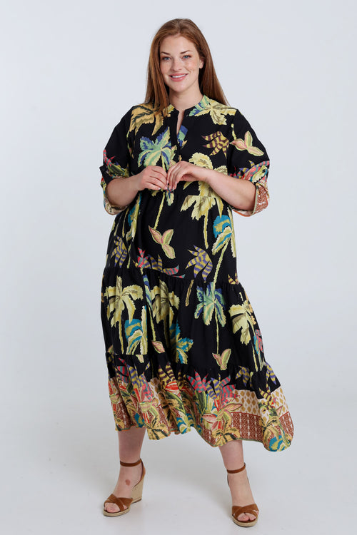 Langes Kleid aus bedruckter Baumwolle mit Palmenmuster-Paprika-8