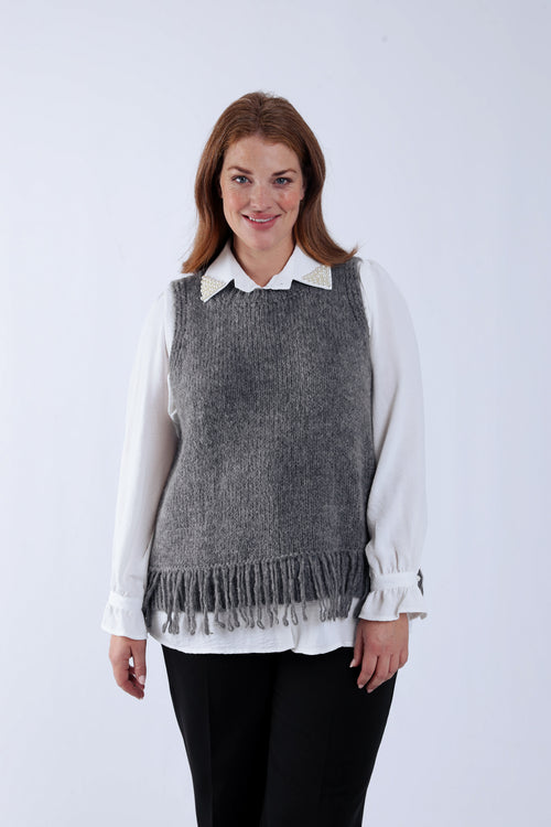Ärmelloser einfarbiger Pullover mit Fransen-Paprika-1