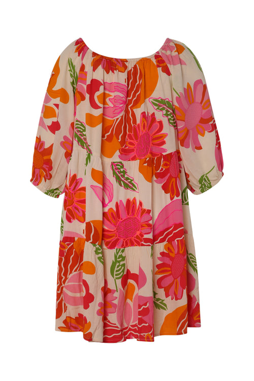 Kurzes Kleid aus bedruckter Viskose mit Blumenmuster-Paprika-11