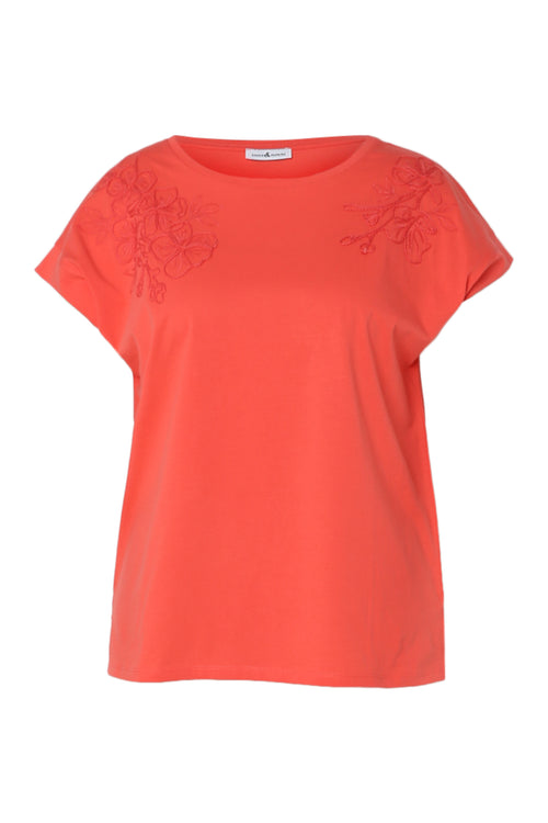 Einfarbiges Baumwoll-T-Shirt mit bestickten Blumen-Paprika-10