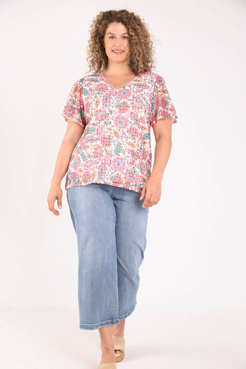 T-shirt en dentelle imprimé fleurs indiennes-Paprika-8