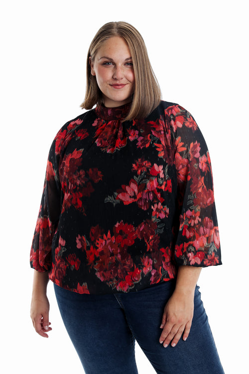 Bluse mit verschwommenem Blumenmuster-Paprika-1