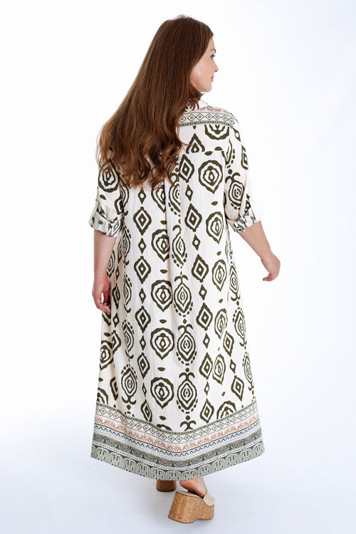 Langärmeliges langes Kleid mit zweifarbigem Ethnomuster-Paprika-3