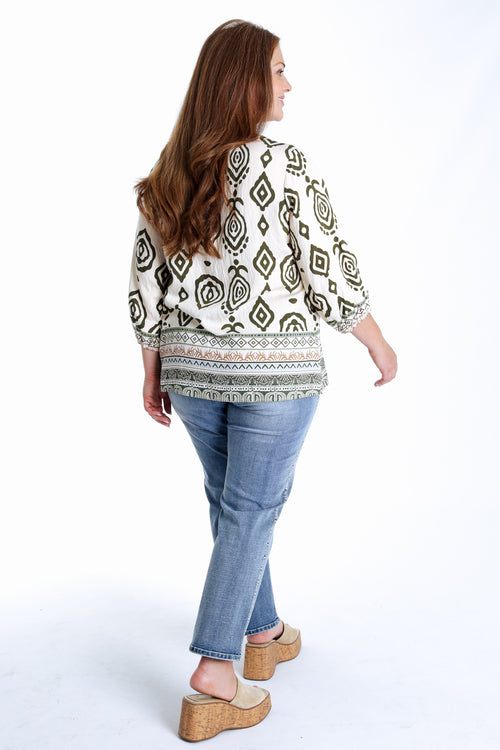 Bluse aus bedrucktem Viskose-Ethnomuster-Paprika-3