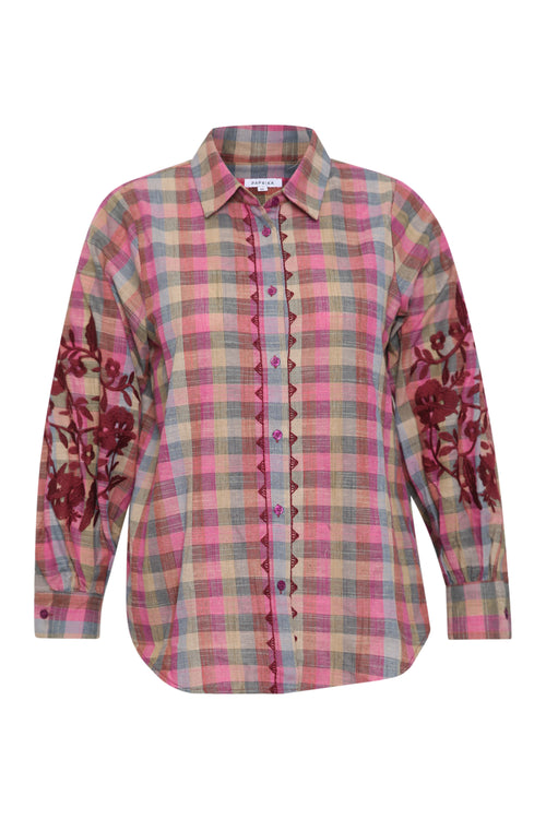 Chemisier en coton à carreaux avec broderies-Paprika-1