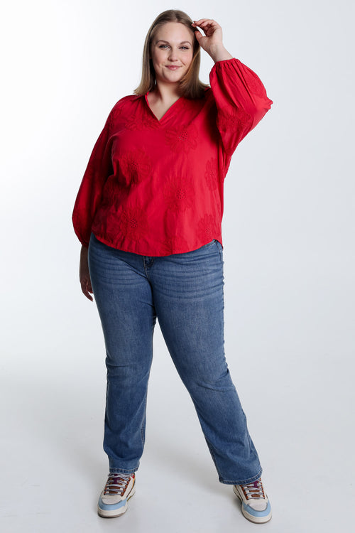 Bluse aus einfarbiger Baumwolle mit Stickereiblumen-Paprika-7