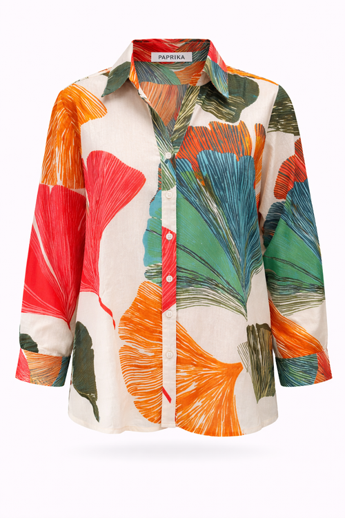Bedruckte Baumwollbluse mit Ginkgo-Motiv-Paprika-1