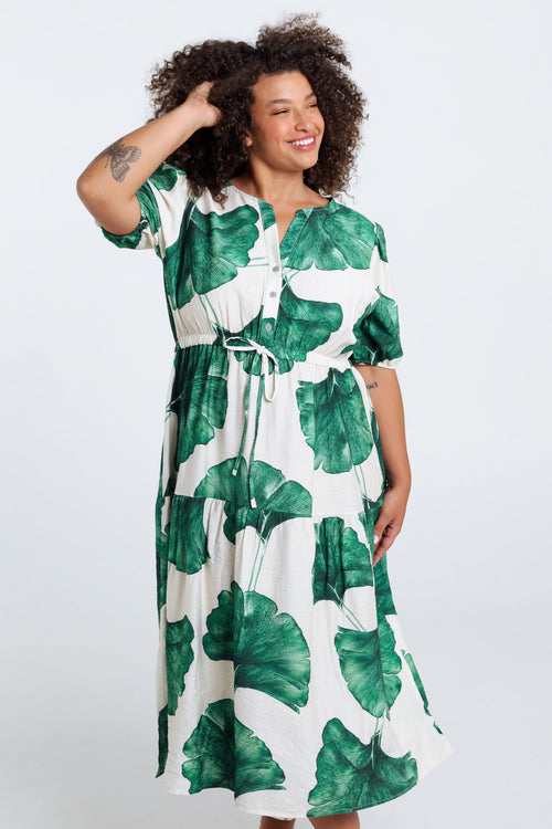 Langarmkleid aus bedruckter Viskose mit Blattmuster-Paprika-1