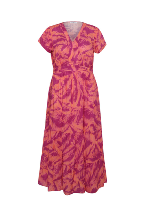 Langes Kleid aus bedruckter Viskose mit Blattmuster-Paprika-10