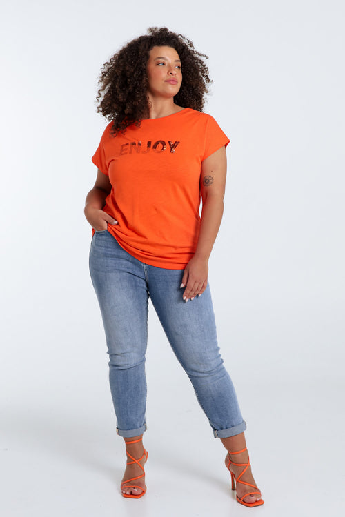 Einfarbiges T-Shirt mit Enjoy-Stickerei und Pailletten-Paprika-7