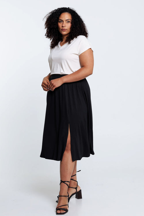 Halblanger, unifarbener Rock mit Schlitz-Paprika-7