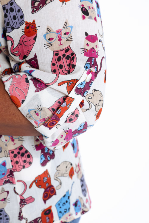 Bedruckte Bluse aus Baumwolle mit Katzenmotiv-Paprika-6