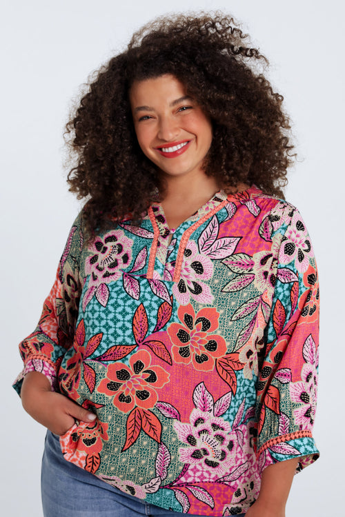 Bluse aus bedruckter Viskose mit Blumenmuster-Paprika-1