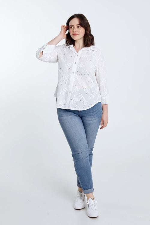 Unifarbenes Hemd mit Blattmuster in Relief und Strass-Paprika-9