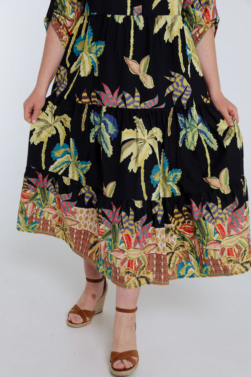 Langes Kleid aus bedruckter Baumwolle mit Palmenmuster-Paprika-5