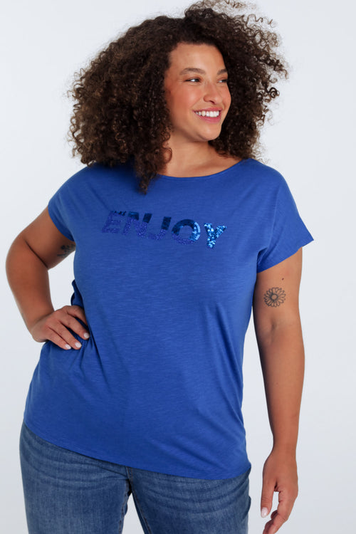 Einfarbiges T-Shirt mit Enjoy-Stickerei und Pailletten-Paprika-1