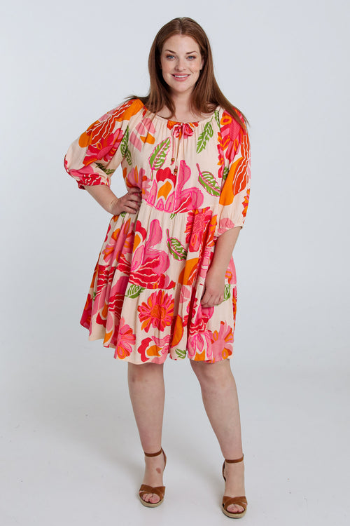Kurzes Kleid aus bedruckter Viskose mit Blumenmuster-Paprika-9