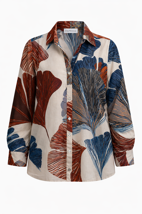 Bedruckte Baumwollbluse mit Ginkgo-Motiv-Paprika-2