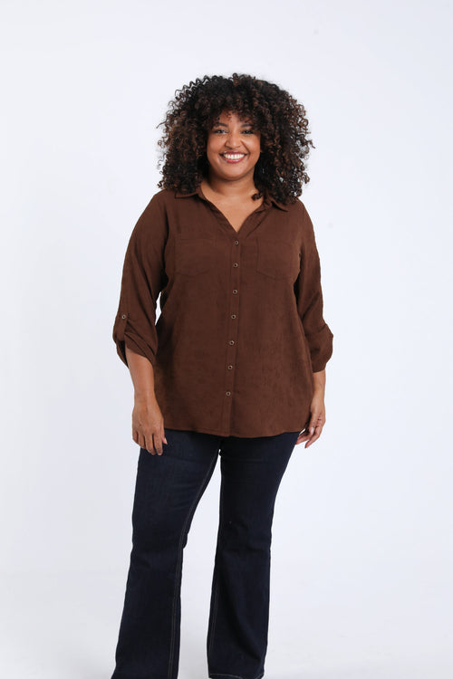 Einfarbiges Hemd mit erhabenem Blumenmuster-Paprika-1