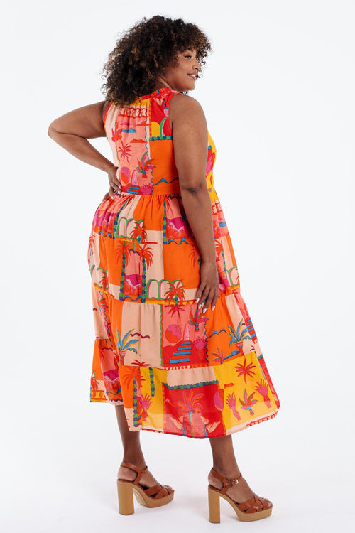 Kleid aus bedruckter Baumwolle mit tropischem Muster-Paprika-2
