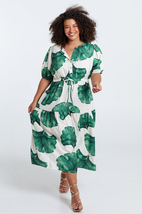 Langarmkleid aus bedruckter Viskose mit Blattmuster-Paprika-7