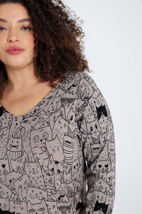 Langer Pullover mit Katzenmuster-Paprika-5