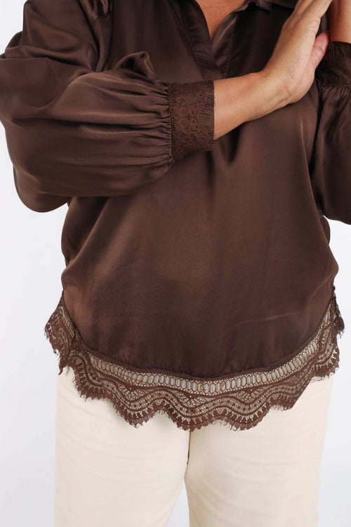 Blouse en viscose effet satiné, unie avec dentelle-Paprika-5