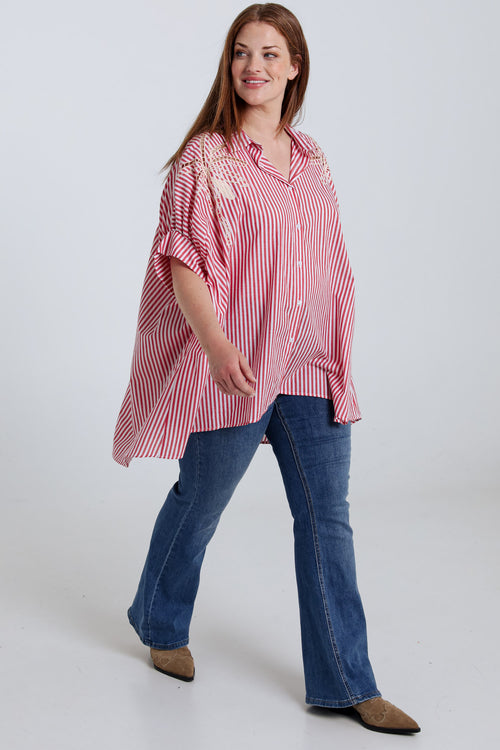 Oversized gestreifte Baumwollbluse mit Stickereien-Paprika-8