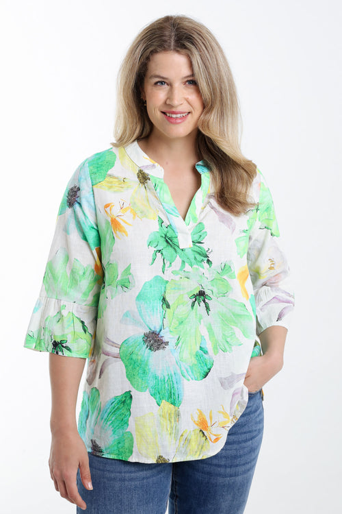 Bluse aus bedrucktem Leinen mit Blumenmuster-Paprika-1