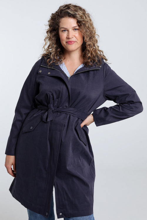 Einfarbiger, mittellanger Trenchcoat mit Kapuze-Paprika-1