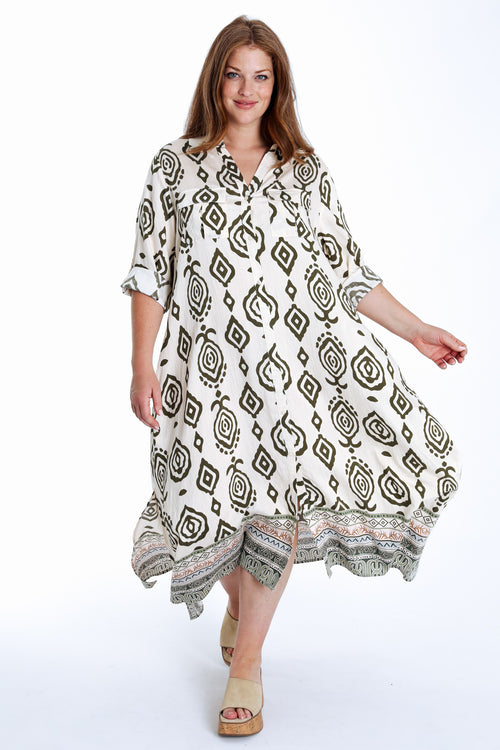 Langärmeliges langes Kleid mit zweifarbigem Ethnomuster-Paprika-10