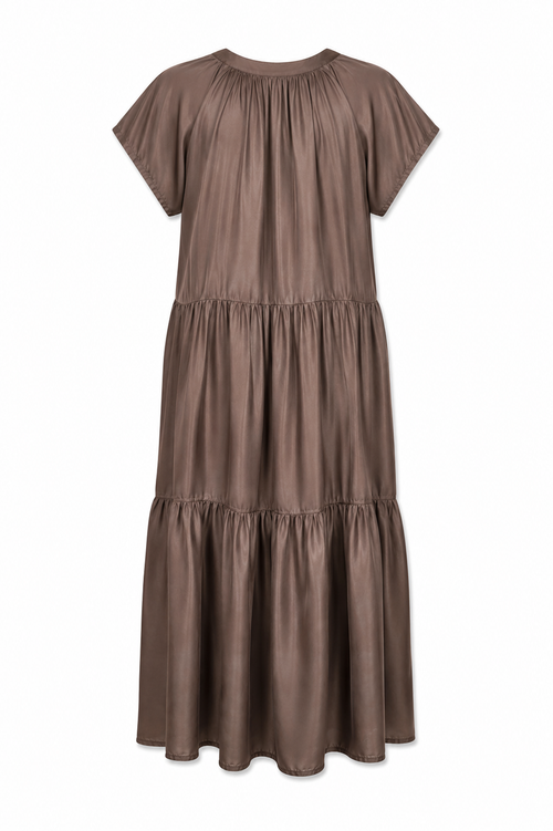 Einfarbiges langes Kleid mit Volants-Paprika-2